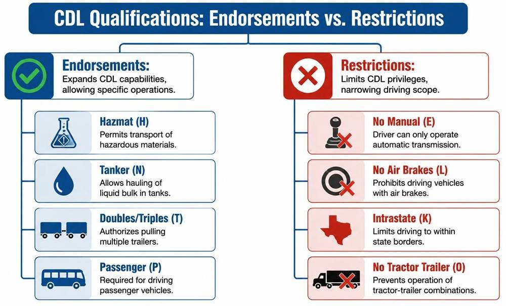 CDL restriction codes quick reference chart showing common restriction letters and meanings