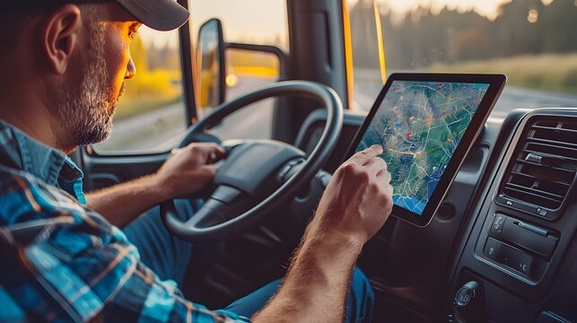 Commercial truck driver reviewing route map for an interstate route