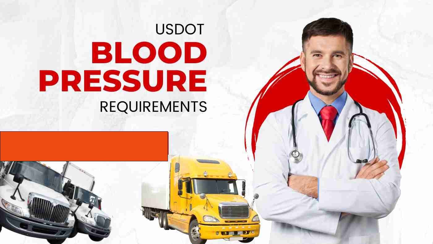 Promotional banner for USDOT blood pressure requirements showing a doctor in a white coat with a stethoscope and several semi trucks