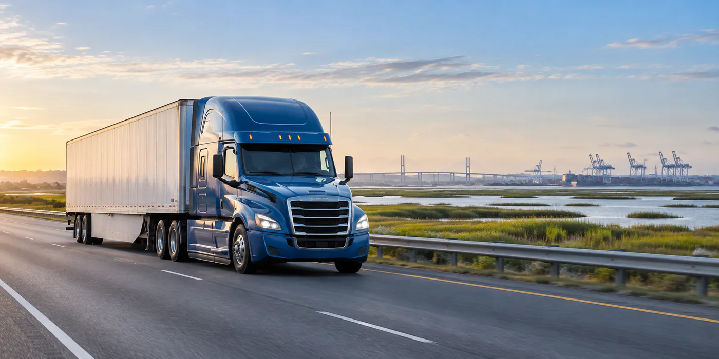 Blue tractor-trailer traveling on a Delaware coastal highway near marshland and freight terminals