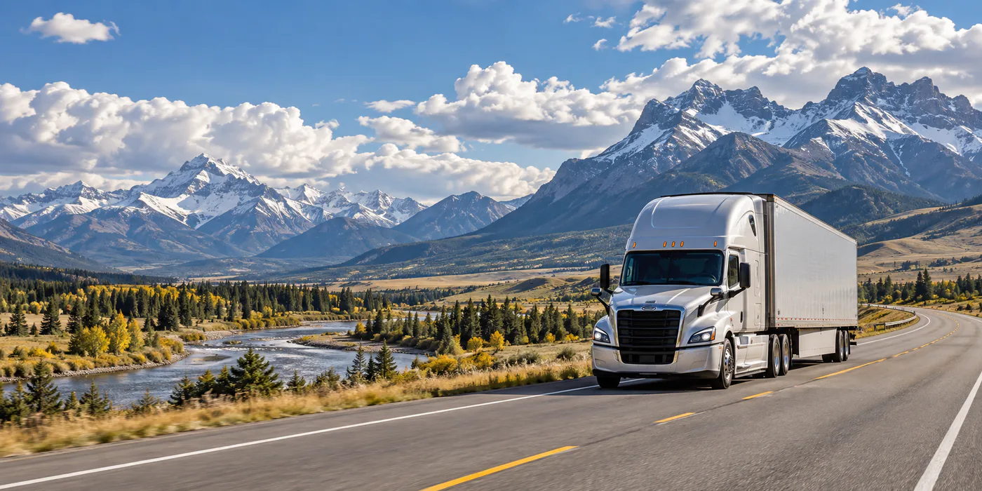 Tractor-trailer crossing a Montana mountain highway beneath a wide open sky