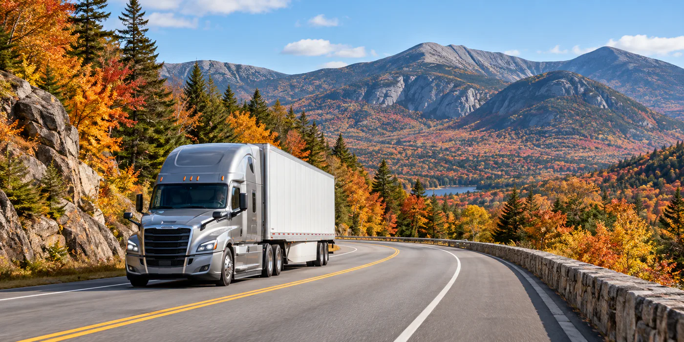 Tractor-trailer traveling through New Hampshire's forested White Mountains