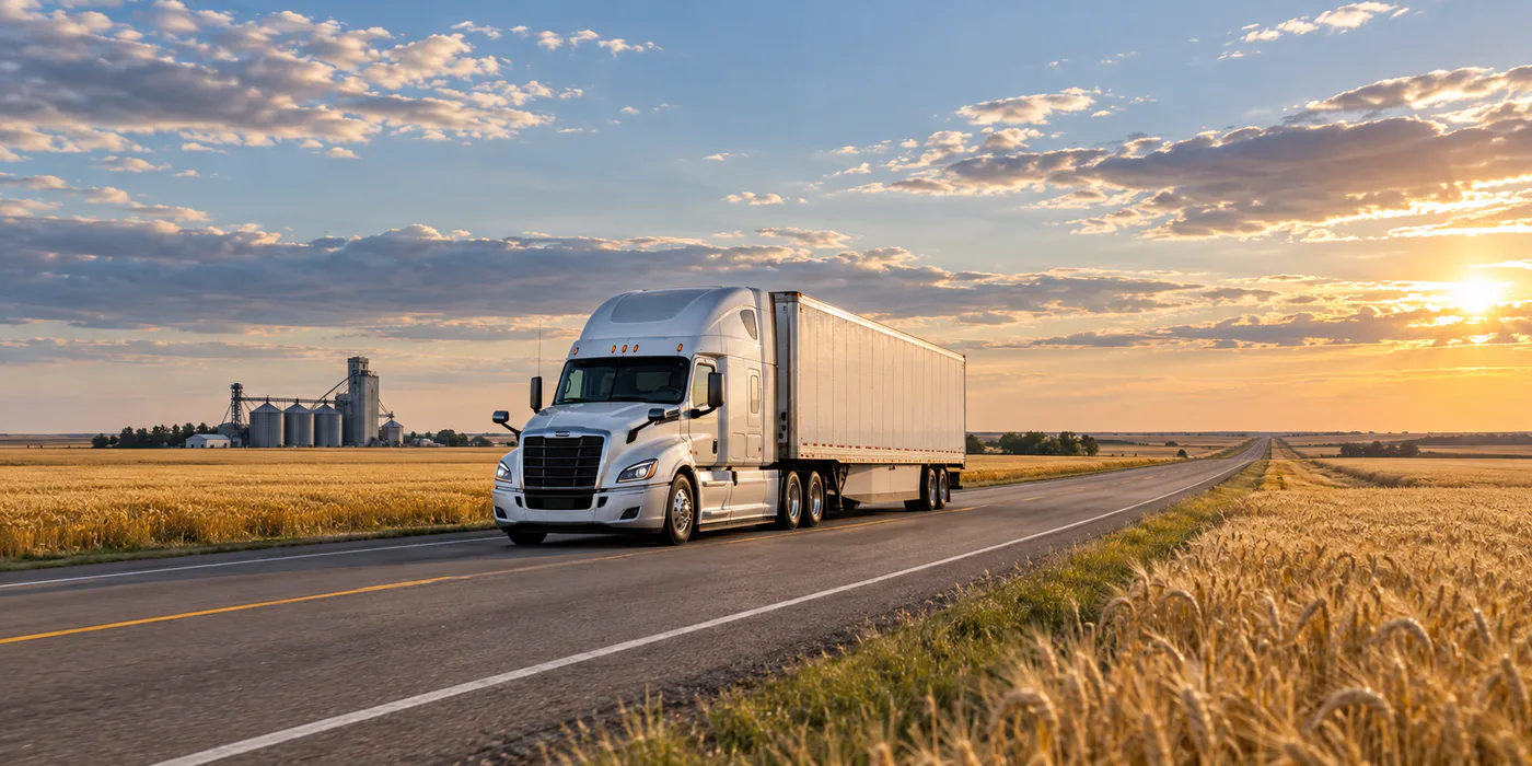 Commercial truck crossing a North Dakota prairie highway near grain country