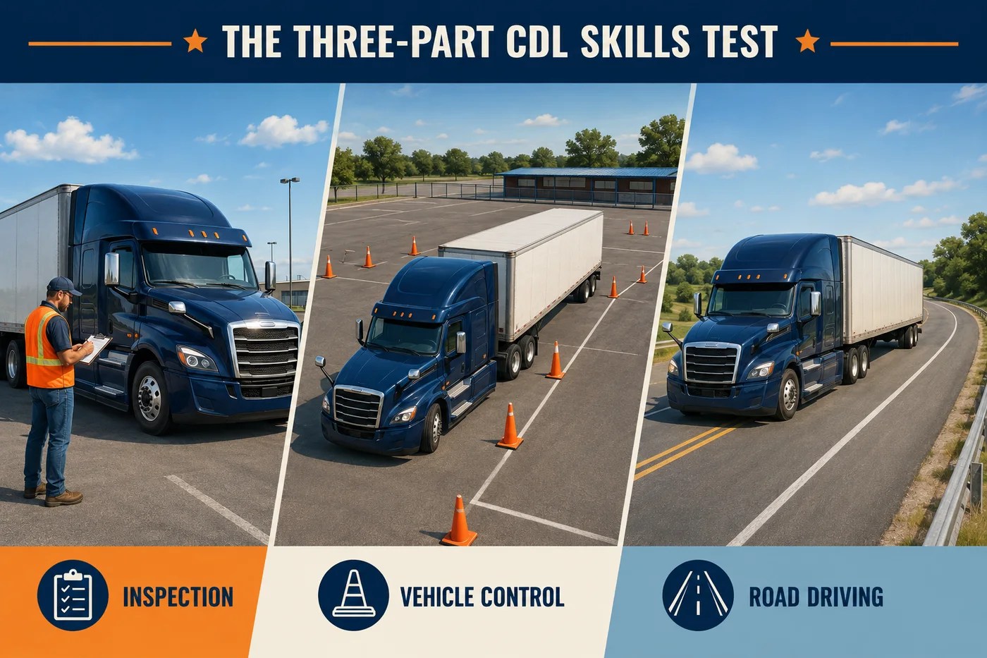Three-part Texas CDL skills test showing vehicle inspection, basic control maneuvers between cones and on-road driving