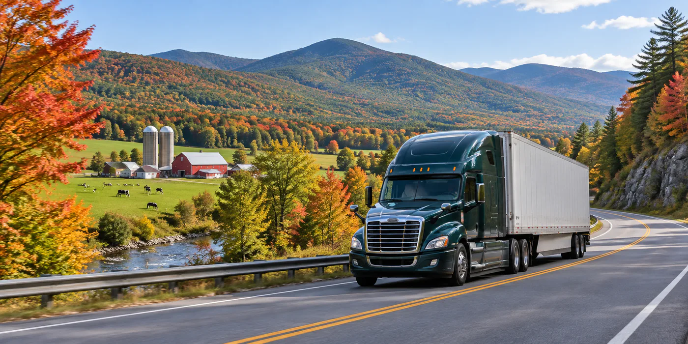 Commercial truck traveling through Vermont's Green Mountains and autumn foliage